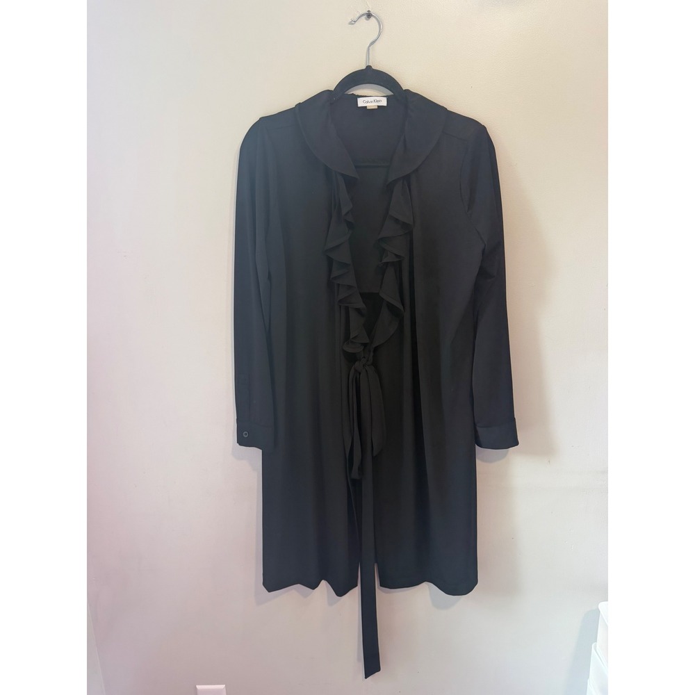 Calvin Klein Black Ruffle Wrap Dress Long Sleeve Shawl Collar Size 14